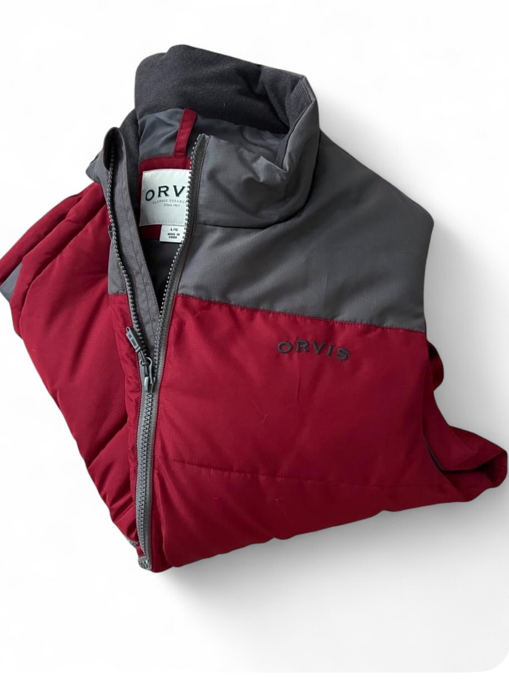 Orvis puffer Vest Deep Red and Gray Puffer Jacket Size L